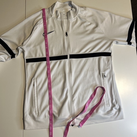 Nike Dri Fit Womens M White Track Jacket Full Zip Logo Black Stripe Pockets FLAW - Picture 9 of 11